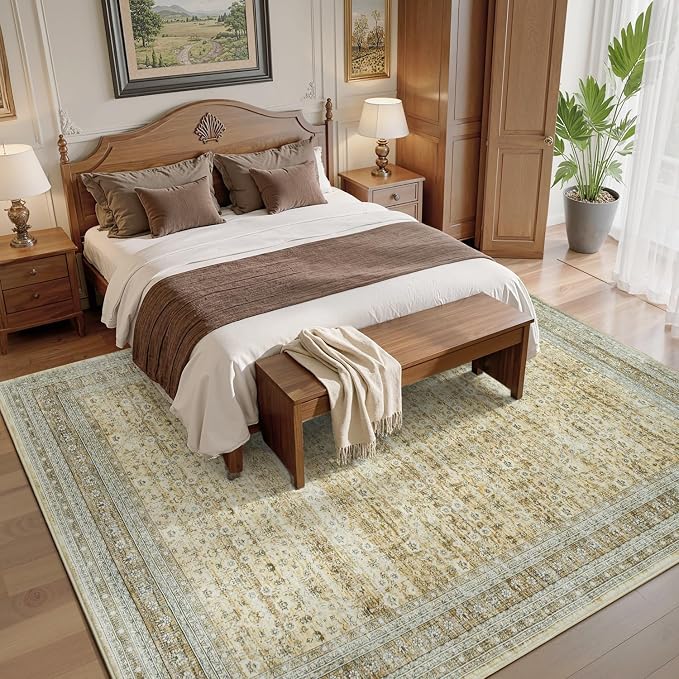 9x12 Area Rugs for Living Room Bedroom, Washable Large Rugs Non-Slip | Vintage Distressed Retro; Low Pile; Stain Resistant; Neutral Boho Carpet for Dining Room, Nursery, Home Office; Oatmeal Beige