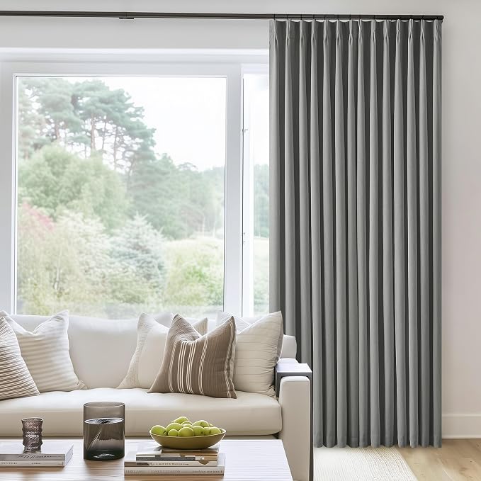 TWODRAPES Dark Grey Linen 100% Black Out 120 Inch Curtains for Living Room | Pinch Pleated Back Tab Drapes, Thermal Insulated Full Black Out, W40xL120 Curtains for High Ceiling to Floor, 2 Panels