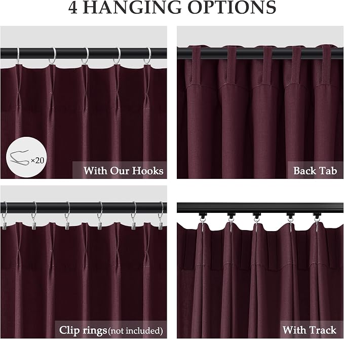 Aersas Burgundy Pinch Pleated Linen Curtains 72 Inch Length 2 Panels for Living Room Bedroom Semi Sheer Window Curtain Boho Neutral Back Tab Pinch Pleat Drape with Hooks 40x72