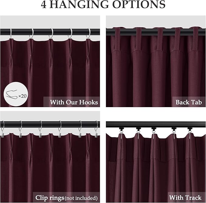 Aersas Burgundy Pinch Pleated Linen Curtains 63 Inch Length 2 Panels for Living Room Bedroom Semi Sheer Window Curtain Boho Neutral Back Tab Pinch Pleat Drape with Hooks 40x63