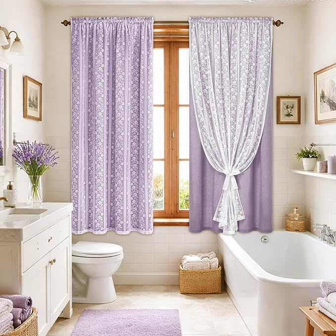 ASPMIZ Linen Curtains for Living Room Double Layer Curtains with Linen Lace, Purple Curtain for Bedroom Light Filtering, Rod Pocket Drapes 63 Inch Length 2 Panels Set with 2 Tiebacks, 52x63