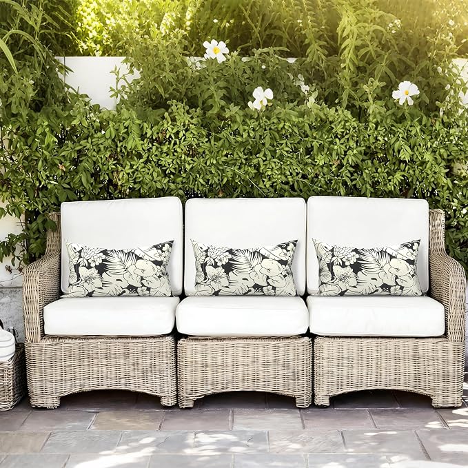 LVTXIII Outdoor/Indoor Lumbar Pillows, Decorative Patio Lumbar Cushions, Fluffy Fade Resistant Throw Pillow Cushions for Home Patio Coach Sofa, 12×20 Inch, Pack of 2, Tropical Blossom Noir