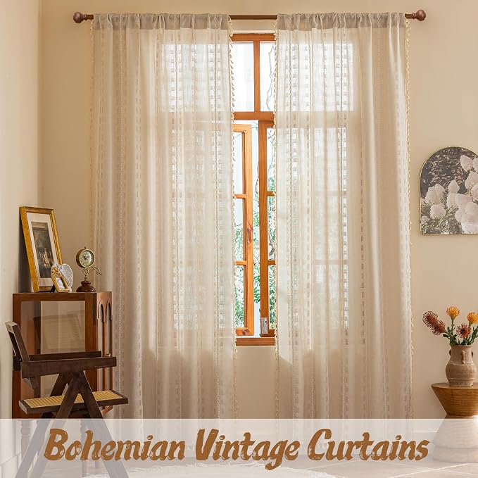 Beige Boho Curtains 2 Panels,Light Filtering Vintage Curtains 84 inches Long for Living Room Bedroom,Farmhouse, Bohemian Natural Tassels Country Embroidery Striped Draps Back Tab, 50" W