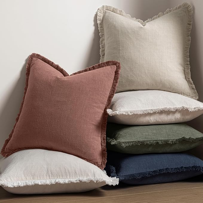 MIULEE Decorative Throw Pillow Covers Neutral Linen Fringe Throw Pillows Set of 2 Autumn Glaze Boho Farmhouse Cushion Covers with Tassels for Couch Sofa Bed Living Room Fall Decor 20x20 Inch