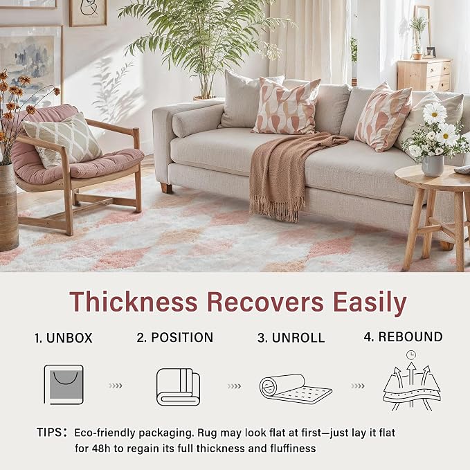PureCozy Checkered Rug 4x6 Fluffy Shag Living Room Pink Area Rug Modern Washable Carpet Soft Shaggy Non Slip Indoor Plush Fuzzy Rugs for Bedroom Dorm Office Home Aesthetic Decor