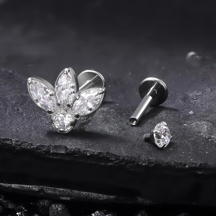 Ruifan Titanium Flat Back Lip Rings Internally Threaded Earrings Studs Nose Rings 16G Opal CZ Tragus Cartilage Lobe Rook Helix Conch Labret Medusa Piercing Jewelry for Women Men W Piercing Taper Set