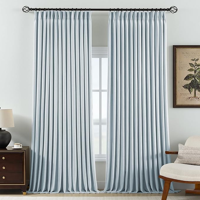 Pinch Pleated Curtains 100% Blackout Linen Curtains 102 Inches Long for Bedroom Living Room, Blue Memory Trained Thermal Insulated Room Darkening Window Drapes with Hooks 2 Panels 40"Wx102"L