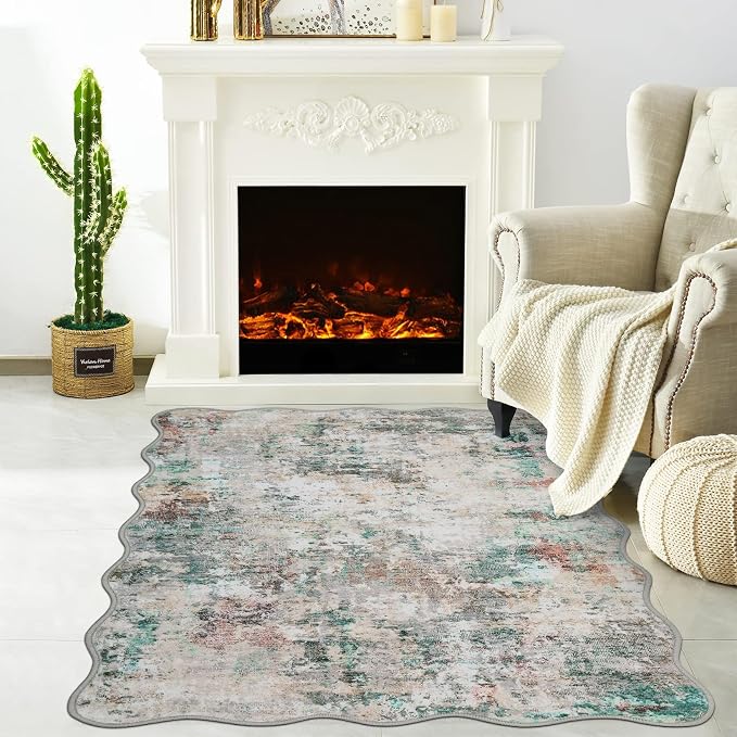 ROYHOME Modern Abstract 2x3 Scalloped Area Rug Non Slip Non Shedding Low Pile Stain Resistant Rug for Entryway Kitchen Bedroom,Colorful