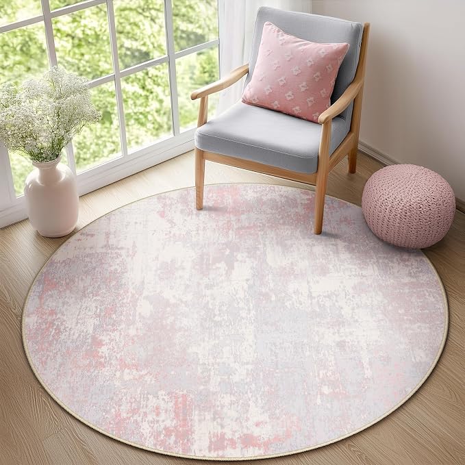 RELEANY Washable Area Rugs 6ft Non-Slip Modern Abstract Soft for Living Room Entryway Bedroom Kitchen, Print Pattern, Grey Pink