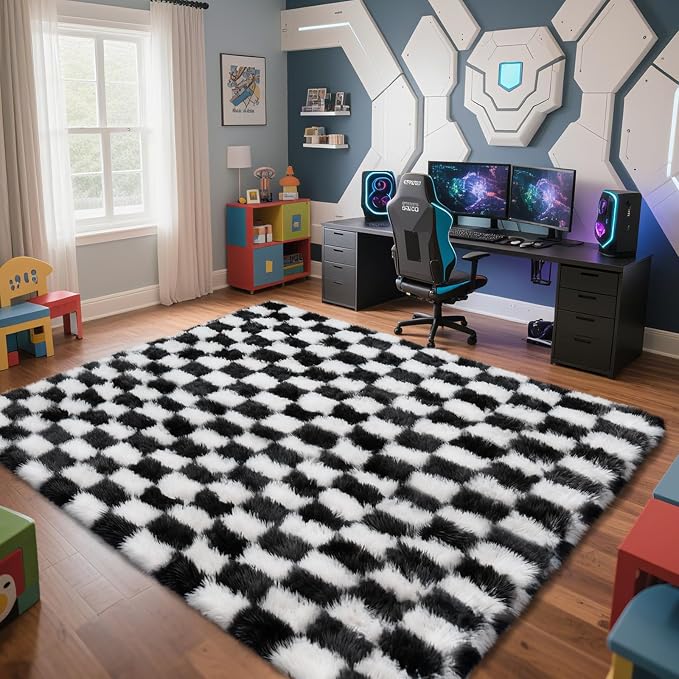 Checkered Rug for Living Room, 9x12 Black and White Area Rugs, Classic Checkered Carpets Shag Area Rug, Bedside Rugs for Living Room Bedroom Room Home Decor