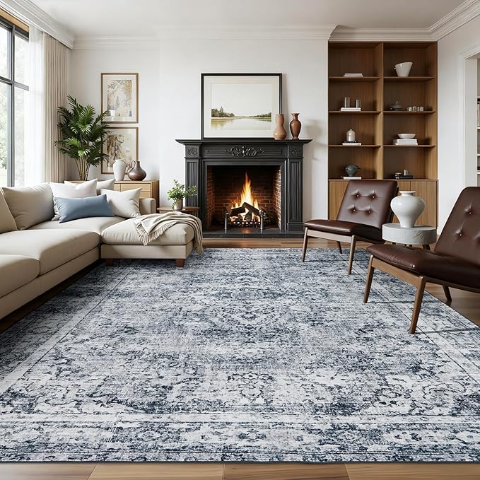 Joydeco 9x12 Area Rugs for Living Room, Non Slip Machine Washable Vintage Rug, Low Pile Chenille Print Rugs for Bedroom, Dining Room, Home Office, Pet & Child Friendly, Light Grey
