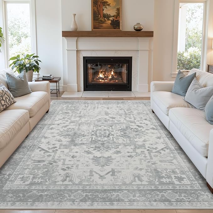 Rugxara 6x9 Washable Area Rug for Living Room, Neutral Vintage Large Boho Rugs for Office, Dining Room, Kids Room, Farmhouse, Durable Low Pile Non Slip Carpet for High Traffic Areas, Light Grey