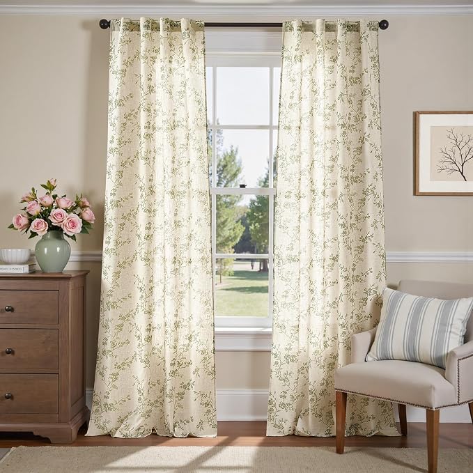 jinchan Green Floral Linen Curtains 96 Inch Flower Drapes Back Tab 2 Panels | Green on beige, light filtering, semi sheer, farmhouse, rustic, country, bedroom, living room, dining room, window treatment