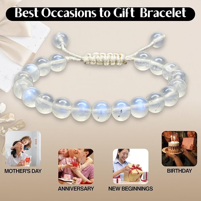 Amazing Gemstone Premium Rainbow Moonstone Bracelet for Women Men's Gifts - Protection Healing Crystal Bracelet - 8mm Gemstone Beaded Adjustable Bracelet Pulseras para Hombres Mujer Stocking Stuffers