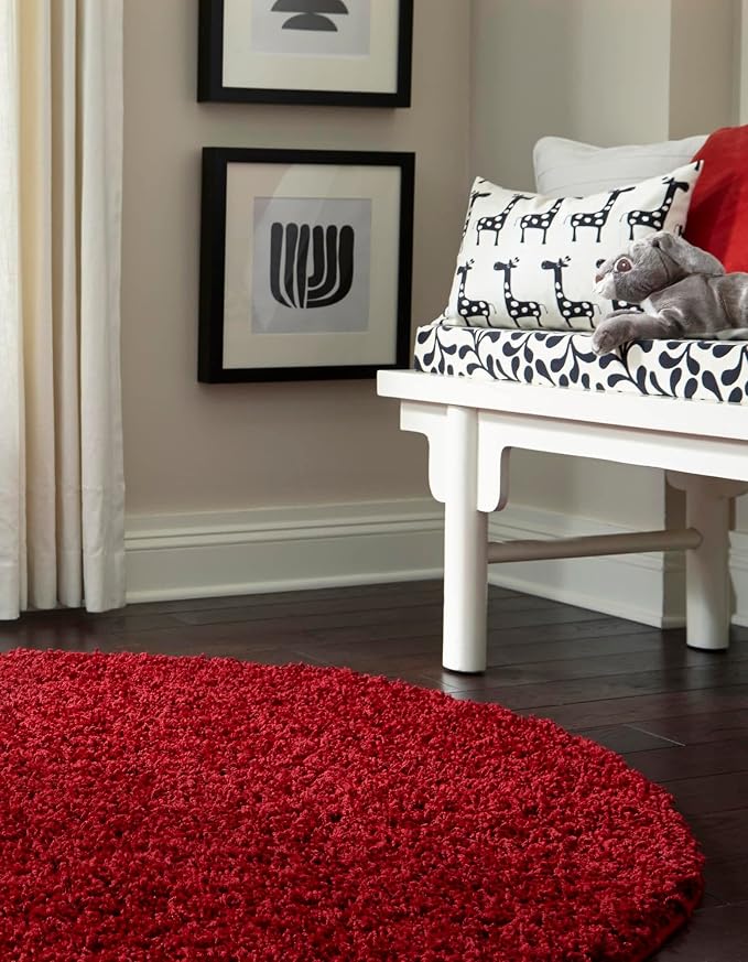 Unique Loom Solid Shag Collection Area Rug (6' 1" Round, Cherry Red) | Modern solid area rug for dining room, entryway & bedroom. Stain-resistant, easy-care, kid & pet friendly