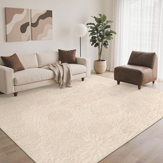 GENIMO Soft Washable Area Rugs 8x10, 3D Modern Floral Rugs for Living Room, High-Low Pile Textured Non Slip Fuzzy Carpet, Non-Shedding Stain Resistant Thin Beige Rugs for Bedroom, Dining Room