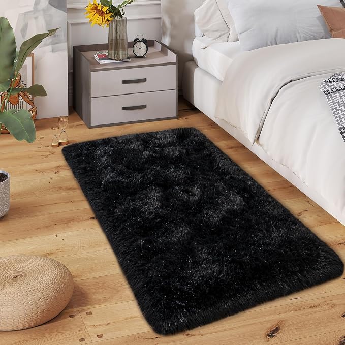 Dssimo Black Rug for Bedroom, 2x4 Small Area Rugs, | Soft Fluffy Shag Bedside Rug Non-Slip Carpet for Kids,Girls Boys and Teens Decorations for Living Room Dorm Nursery Classroom