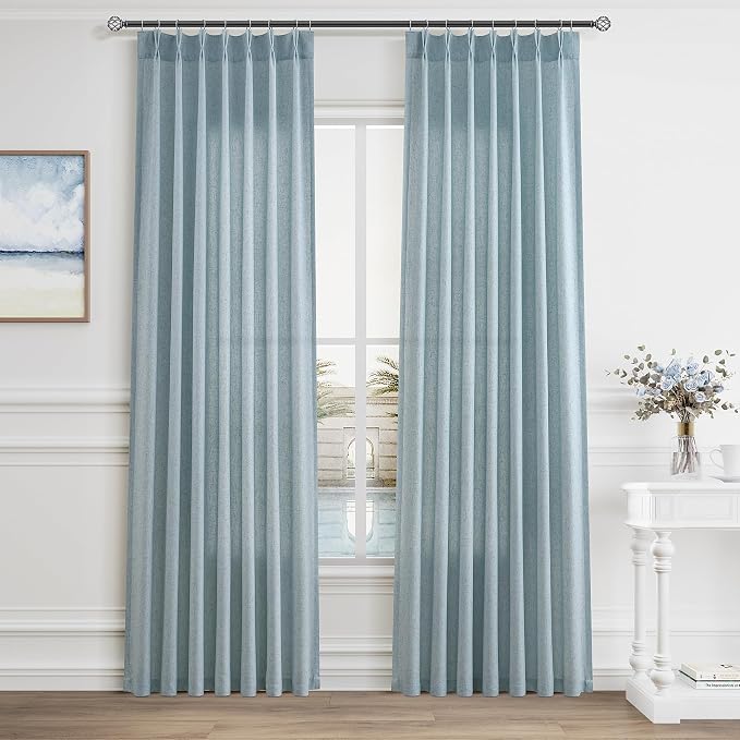 Aersas Light Blue Pinch Pleated Linen Curtains 84 Inches Long 2 Panels Baby Sky Blue Living Room Curtain Pleat Coastal Semi Sheer Back Tab Rod Pocket Drapes for Bedroom Nursery Kids Room 40x84