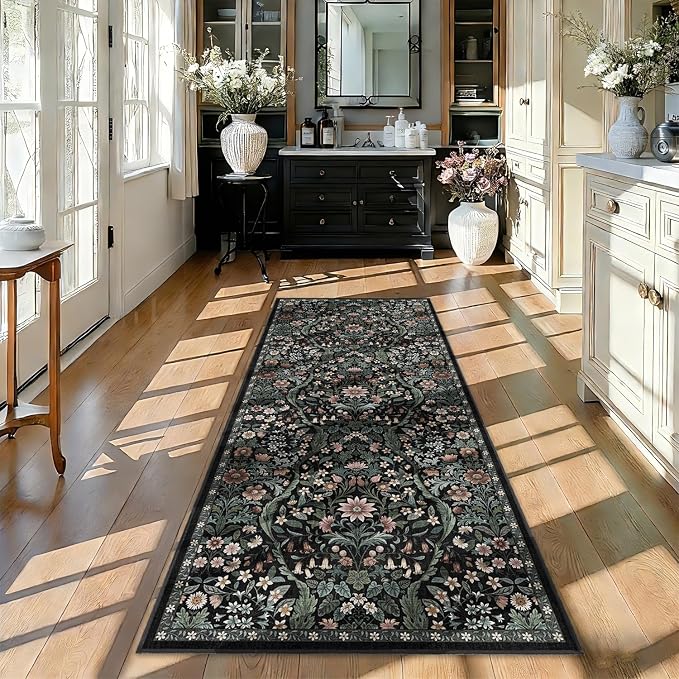 3x7 Washable Runner Rug,Black Floral Boho Area Rug for Hallway,Low-Pile Non-Slip Stain Resistant Carpet for Kitchen, Bedside,Laundry Room,Entryway