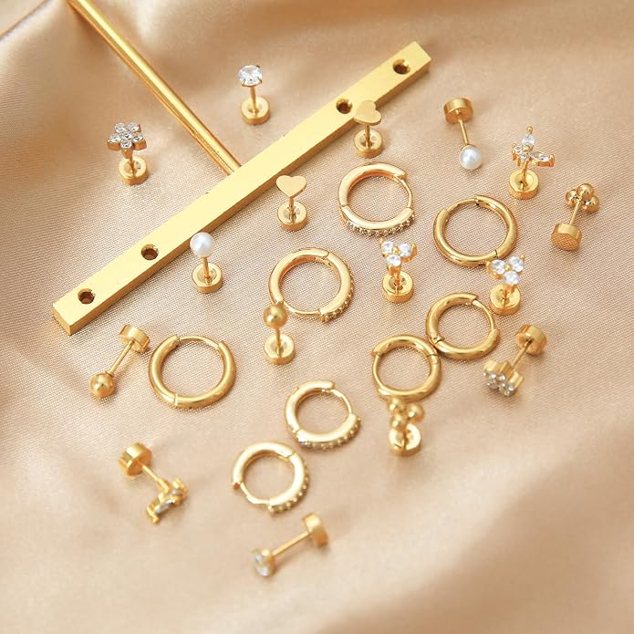 Stainless Steel Stud Earrings Set for Women Hypoallergenic Flat Back Cartilage Earrings Screw Back Huggie Hoop Earrings Multiple Piercing Cubic Zirconia Helix Tragus Jewelry