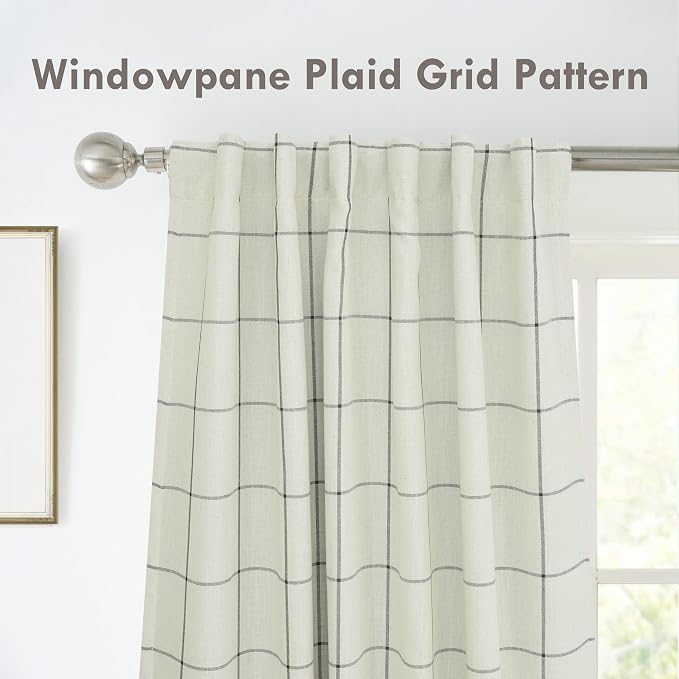 DriftAway 100% Blackout Plaid Linen Curtains 63 Inches Long 2 Panels Black | 100% Blackout, Linen Texture, Plaid Pattern, Two Layers, Rod Pocket & Back Tab, Bedroom Living Room Use, Luxury Appearance