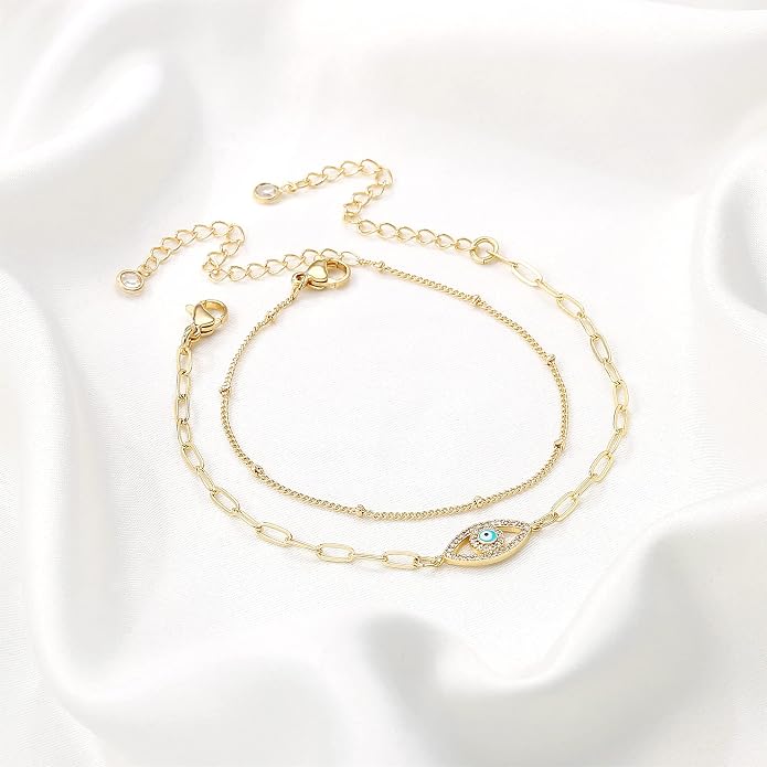 Dainty Gold Bracelets for Women, 14K Gold Plated Adjustable Layered Beads Bracelet Cute Evil Eye Oval Chain Pearl Bar Turtle Gold Bracelets for Women Jewelry