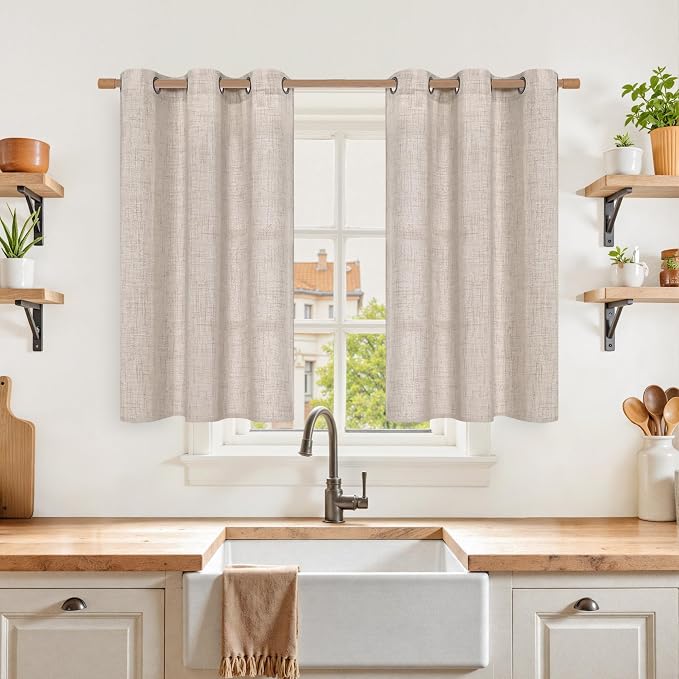 YoungsTex Natural Linen Kitchen Window Curtains 40 Inch Length with Grommet | Short Beige Light Filtering Drapes Textured Privacy for Bathroom Window Over Sink, 2 Panels, 42 X 40 Inch
