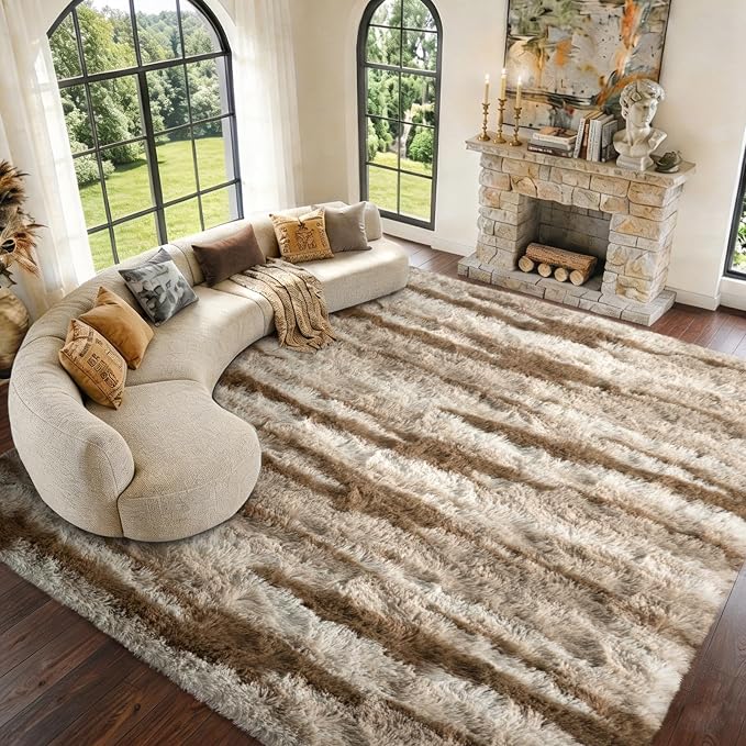 9x12 Extra Large Area Rugs for Living Room, Shaggy Non-Slip Tie-Dyed Rugs for Bedroom Kids Playroom Dorm Room, High Pile Ultra Soft Carpet, Khaki