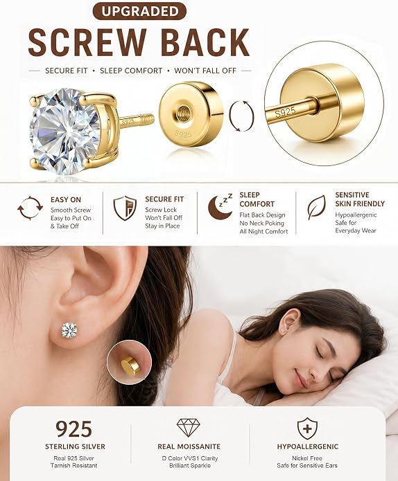 Moissanite Stud Earrings for Women, S925 Sterling Silver Screw Back Flat Back Earrings, Hypoallergenic 14K Gold/White Gold Plated Cartilage Piercing Studs, D Color VVS1 Round Cut 3-5mm