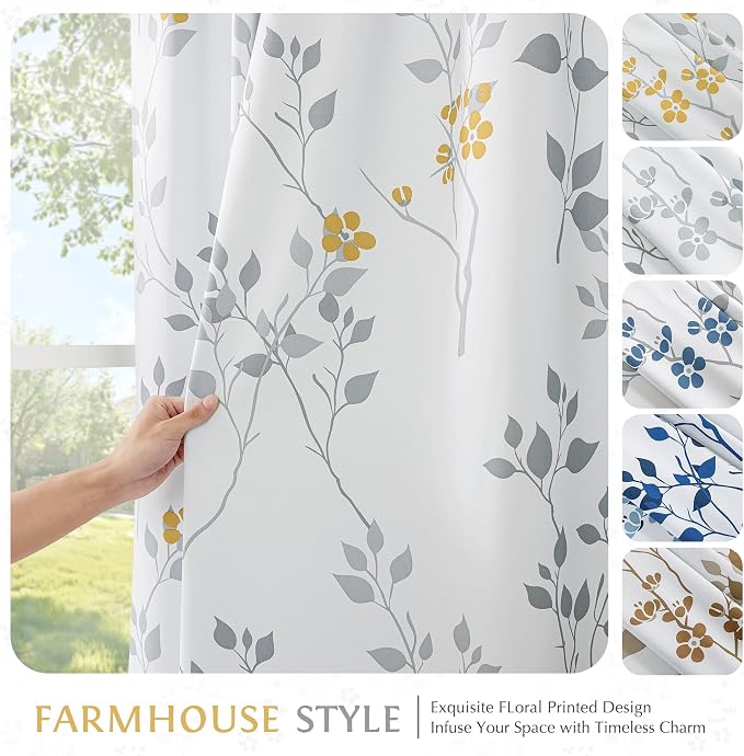 Beauoop Floral 100% Blackout Curtains Bedroom Yellow Grey 52X72 2 Panels | Flower Patterned Yellow White Room Darkening Drapes for Living Room Thermal Soundproof Window treatment Rod Pocket