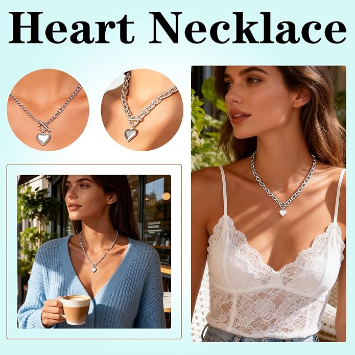 18k Gold/Silver Plated Tiny Heart Chain Link Necklace for Women Dainty Heart Pendant Chain Necklace Chunky Paperclip Choker Necklace for Women Trendy Jewelry Valentines Day Gifts for Women(s)