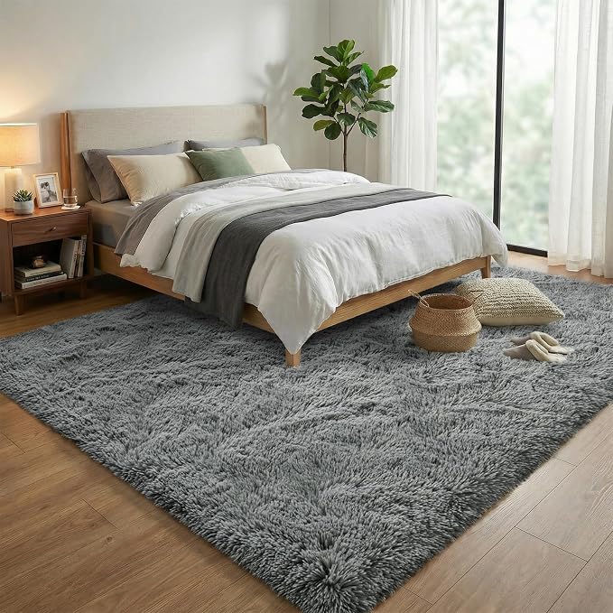 Fluffy Rugs for Living Room: Grey Soft Shag Rug for Bedroom, Large Fuzzy Plush Indoor Floor Carpet Non Slip Modern Rug for Nursery Boys Girls Kids Room Playroom Dorms Home Decor, 9x11 Feet
