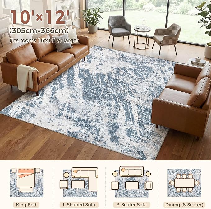 DMOYEST 10x12 Washable Area Rug: Abstract Modern Non-Slip Carpet, Soft Low Pile Indoor Neutral Easy Clean Floor Rugs for Living Room Bedroom Dining Room Kids & Pets - Blue