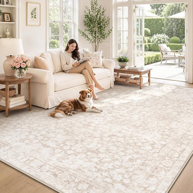 8x10 Area Rugs for Living Room: Boho Vintage Washable Rug Non-Slip Soft Stain Repellent Area Rugs Indoor Low-Pile Large Carpet for Bedroom Office Dining Room Playroom Farmhouse (Beige, 8'x10')