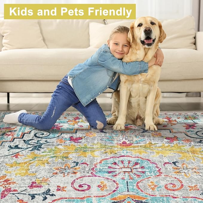 Mandala - Indoor Area Rugs 8x10 Washable, Stain Resistant Machine Washable Rugs for Living Room, Bedroom, and Modern House Décor - Durable Polyester Material, Colorful Patterned - Blue & Multi Color