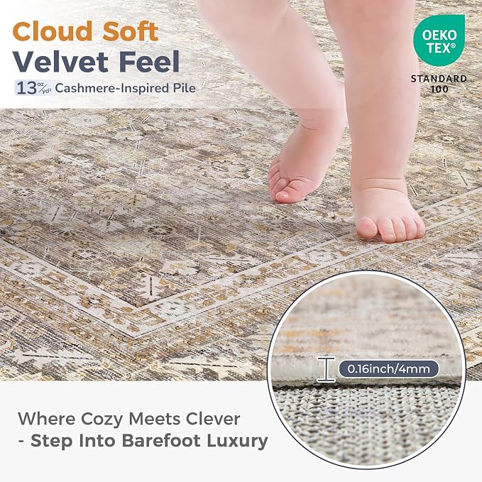 OPPODREAM Vintage Beige Area Rugs 10x14, 10 x 14 Retro Washable Rug Non Slip, Low-Pile Faux Wool Carpet, Distressed Tan Floor Mat for Living Room, Bedroom, Office, Dorm, Dinning Room, Big & Large