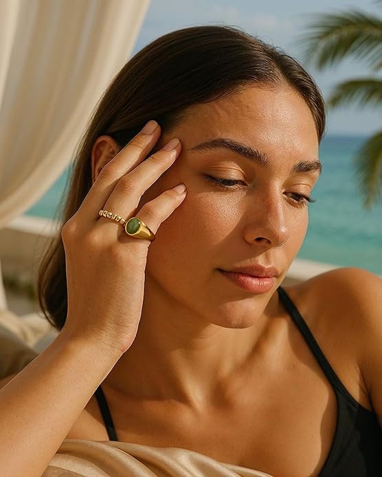 YeGieonr Gold Signet Rings for Women Non Tarnish Gold Rings, Waterproof Gemstones Statement Ring, 18K Gold Plated Stainless Steel Gem Stone Jewelry Gift for Everyday Wear
