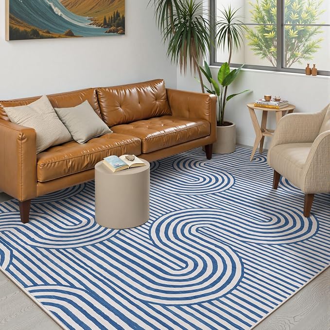 Lahome Modern Area Rugs 8x10，Blue Rugs for Living Room Machine Washable | Rugs for Bedroom Geometric Abstract Rug，Non Slip Soft Easy Clean Non Skid Carpet for Dining Office Dorm Alba(8'X10',Blue)