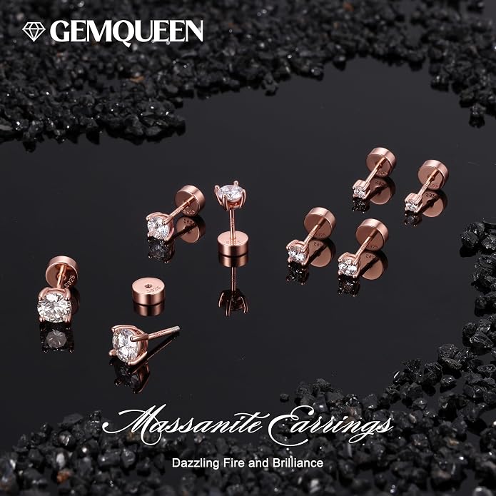 GEMQUEEN 3/4 Pairs Moissanite Earrings Studs 14K Gold Plated S925 Sterling Silver Flat Back Earring for Women Men - Hypoallergenic Set Cartilage Helix Piercing Jewelry Trendy D Color VVS1