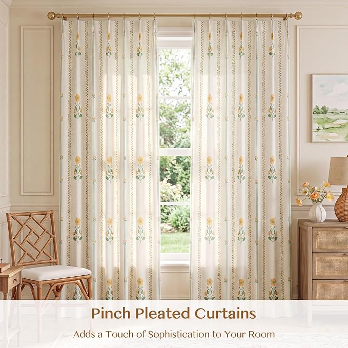 THREE GIRLS Floral Pinch Pleated Light Filtering Curtains 102 Inches - Printed Linen Blend Drapes for Living Room, Bedroom, Dining, Modern Farmhouse with Hooks, 2 Panels Set, 40" W x 102" L Yellow