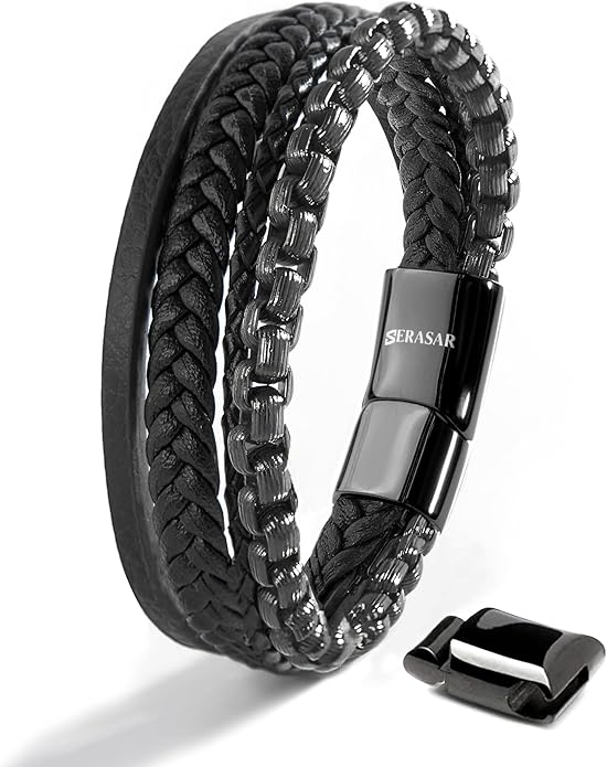 SERASAR Premium Leather Bracelet Men | Stainless Steel Magnetic Clasp | Three Colors | Jewelry Box Included