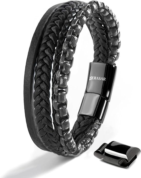 SERASAR Premium Leather Bracelet Men | Stainless Steel Magnetic Clasp | Three Colors | Jewelry Box Included