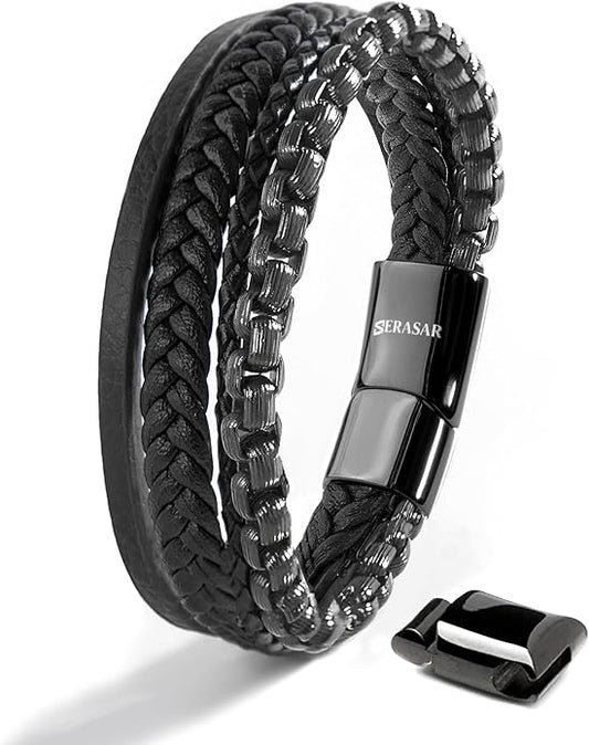 SERASAR Premium Leather Bracelet Men | Stainless Steel Magnetic Clasp | Three Colors | Jewelry Box Included