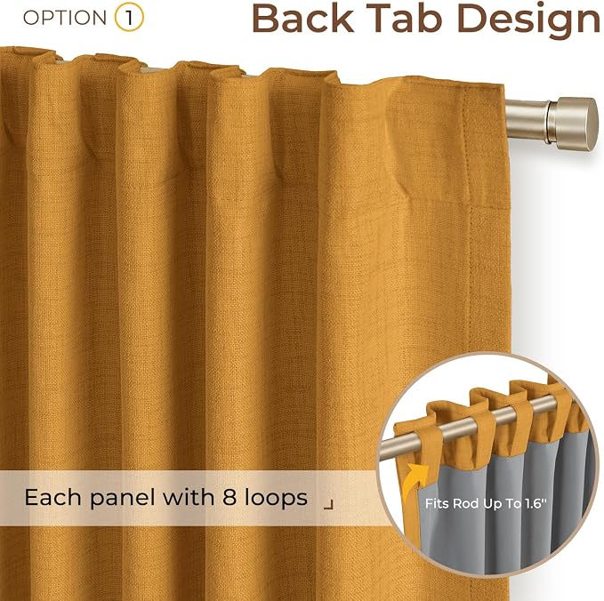 INOVADAY 100% Blackout Curtains 108 Inches Length 2 Panels Set, Back Tab/Rod Pocket Linen Black Out Curtains for Bedroom, Thermal Insulated Window Drapes - Dijon Mustard, W50 X L108