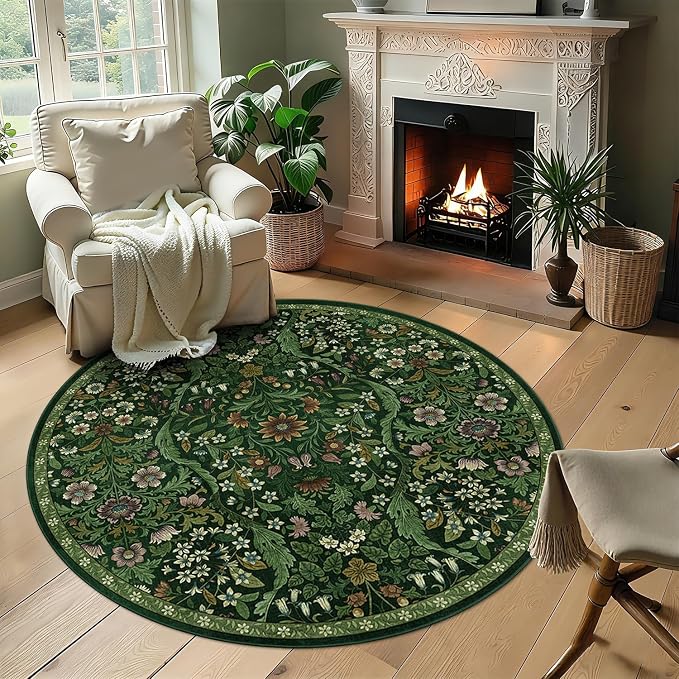 Round Rug 5ft Dark Green Washable Floral Circle Rug,Vintage Boho Botanical Round Area Rugs, Non-Slip Soft Low-Pile Circular Carpet for Bedroom,Kids Room,College Dorm,Home Decor