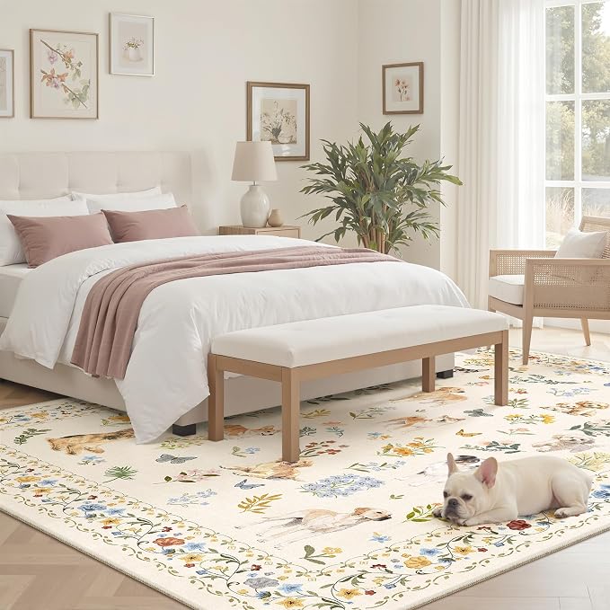 Soalmost Dog 6x9 Area Rugs for Living Room, Washable Animal Soft Rug Beige | Floral Vintage Non-Slip Low Pile Cute Throw Rugs for Kitchen Dining Room Bedroom Nursery Playroom 6' x 9'