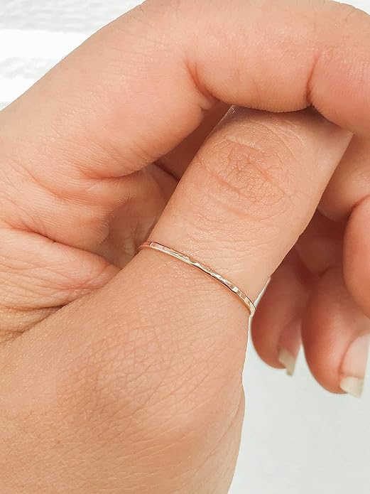 Ellie J Maui Hammered Ring, 1mm Thin Stacking Rings, Minimalist Rings for Women, 14K Gold Filled Rings for Teen Girls Midi Knuckle Pinky Finger Jewerly (Size 3-11)