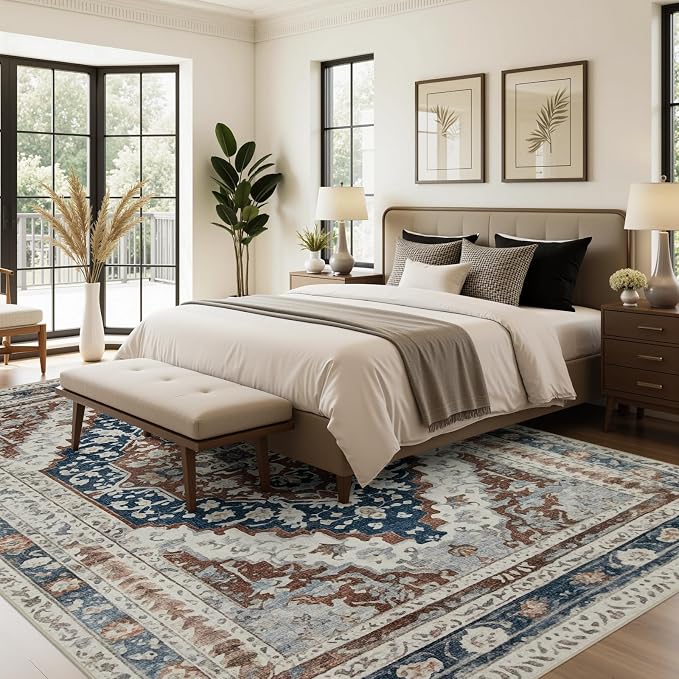 Joydeco 5x7 Area Rugs for Living Room, Non Slip Machine Washable Vintage Rug, Low Pile Chenille Print Rugs for Bedroom, Dining Room, Home Office, Pet & Child Friendly, Beige & Blue & Reddish-Brown