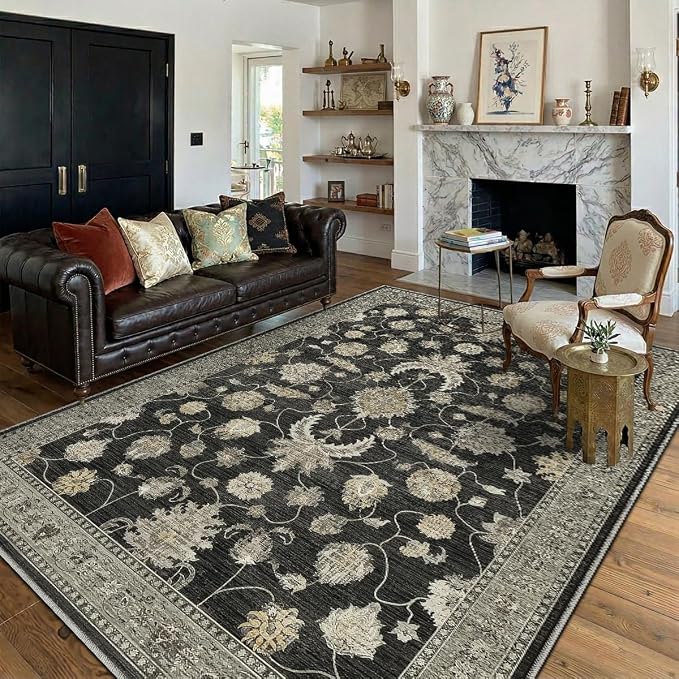 3x5 Area Rug for Living Room-Vintage Farmhouse Boho Floral Washable Stain Resistant Indoor Carpet for Bedroom Office and Home Decor(Black&Gold)