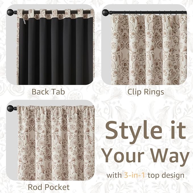 jinchan Taupe Floral Blackout Curtains 63 Inch Farmhouse Back Tab 2 Panels | Taupe on beige, room darkening, traditional vintage drapes, bedroom, living room, botanical, flower print, window treatment